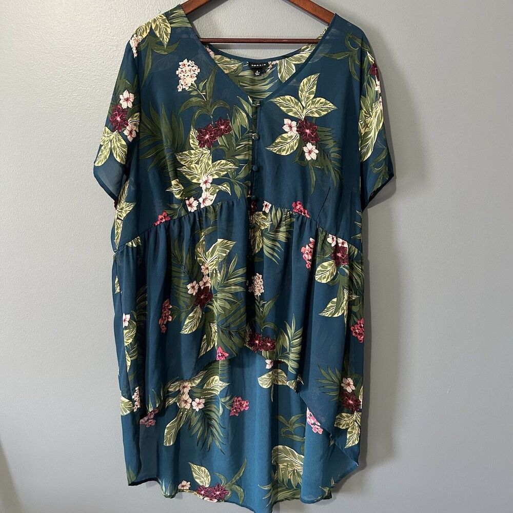 Torrid Top Size 4 Sheer High Low Tropical Summer Swim Cover Peplum Style Womens